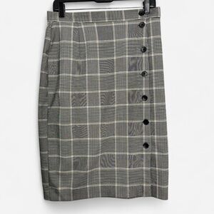H&M Grey Plaid Academia Office Career Pencil Skirt Black Buttons Size 10 EUC